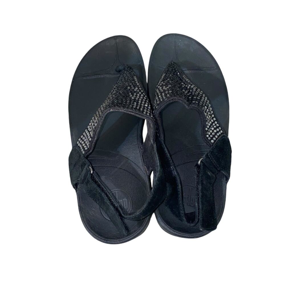 FitFlop Women's Slingback Wedge Sandals Black Rhinestone Suede T-Straps Size 8